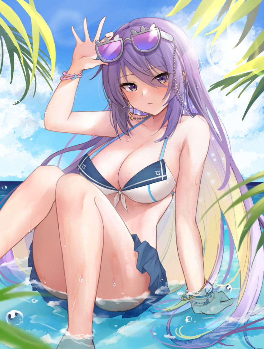 1girl adjusting_eyewear aurapls bikini bikini_skirt breasts earrings eyewear_on_head highres hololive hololive_indonesia jewelry large_breasts lens_flare long_hair moona_hoshinova ocean purple_hair sitting sunglasses swimsuit violet_eyes virtual_youtuber wet wristband