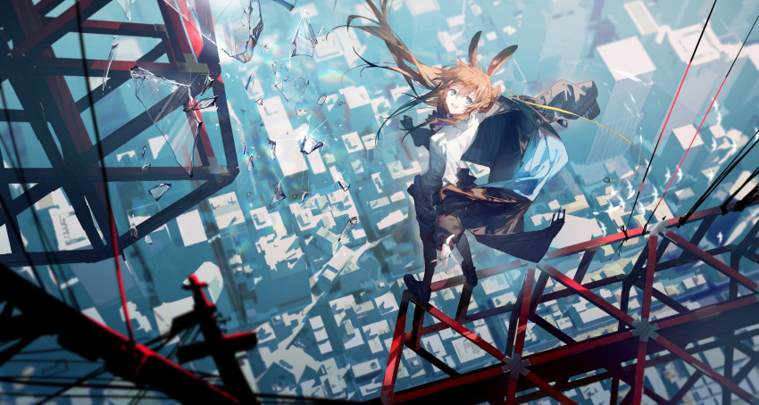 1girl absurdres amiya_(arknights) animal_ears arknights bangs black_footwear black_jacket black_legwear black_skirt blue_eyes bow bowtie broken_glass brown_hair cityscape crane_(machine) english_commentary glass high_ponytail highres jacket long_hair long_sleeves min_(120716) off_shoulder pleated_skirt rabbit_ears shirt skirt solo very_long_hair white_shirt