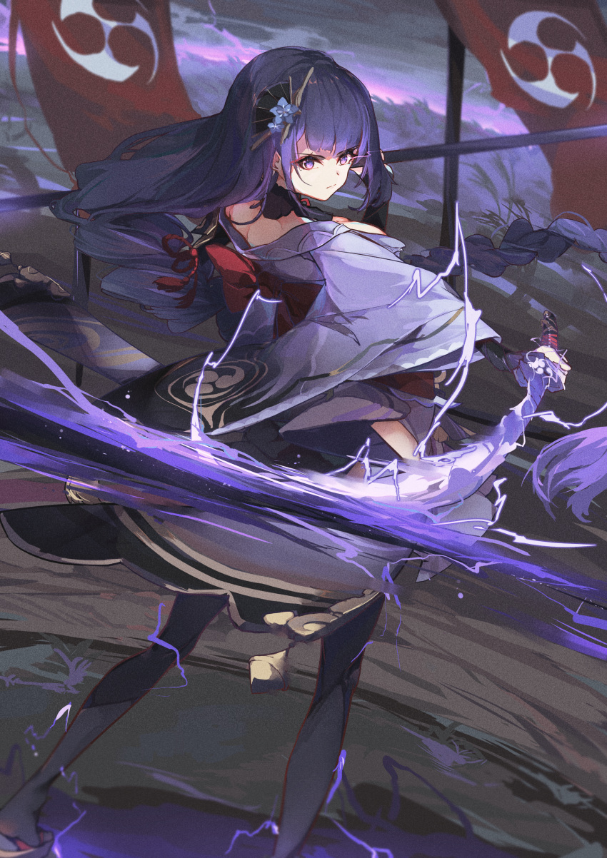 1girl absurdres bangs banner braid breasts closed_mouth electricity flower from_behind genshin_impact hair_ornament highres holding holding_sword holding_weapon huge_filesize japanese_clothes katana kimono long_hair long_sleeves looking_at_viewer mole mole_under_eye purple_flower purple_hair raiden_(genshin_impact) sakura_no_tsui_dance solo sword thigh-highs violet_eyes weapon wide_sleeves