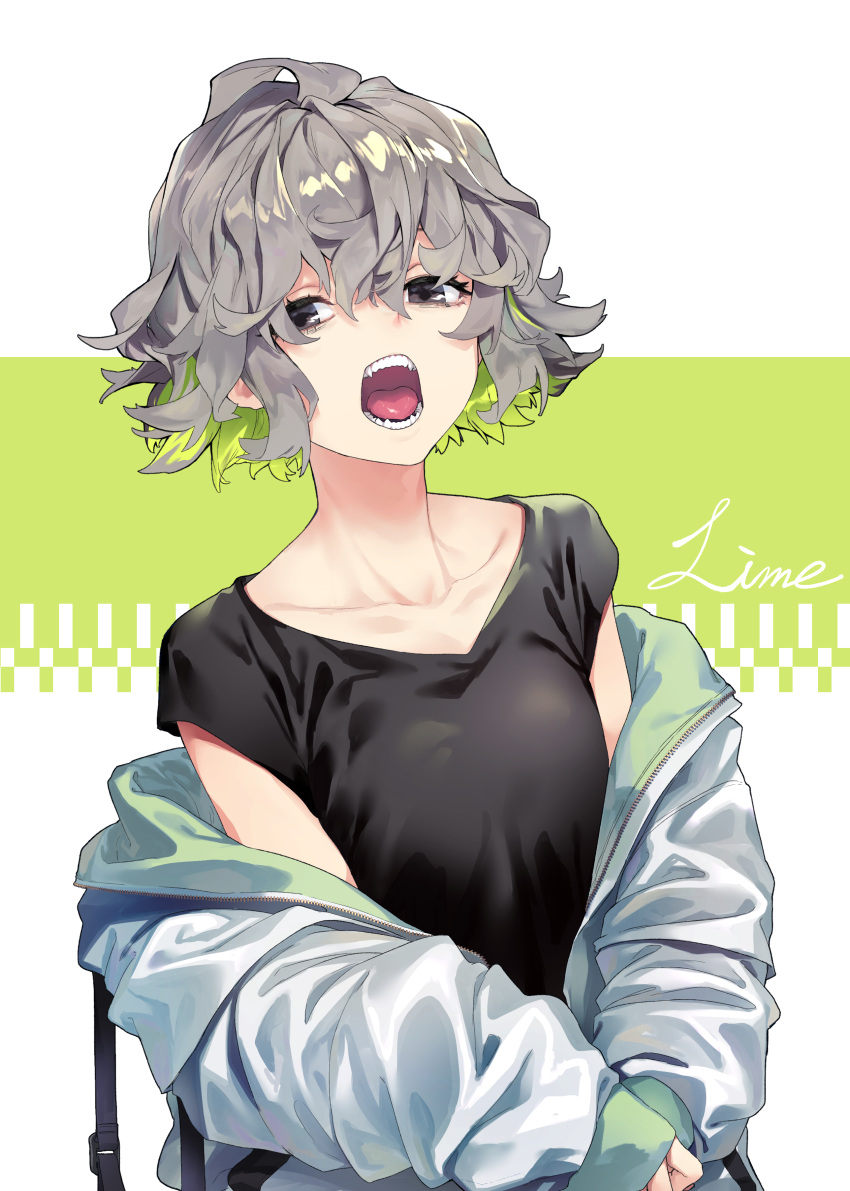 1girl absurdres black_eyes black_shirt colored_inner_hair fangs green_hair grey_hair grey_jacket hair_between_eyes highres jacket long_sleeves looking_at_viewer multicolored_hair off_shoulder open_clothes open_jacket open_mouth original reiga_(act000) shirt short_hair sleeves_past_wrists solo