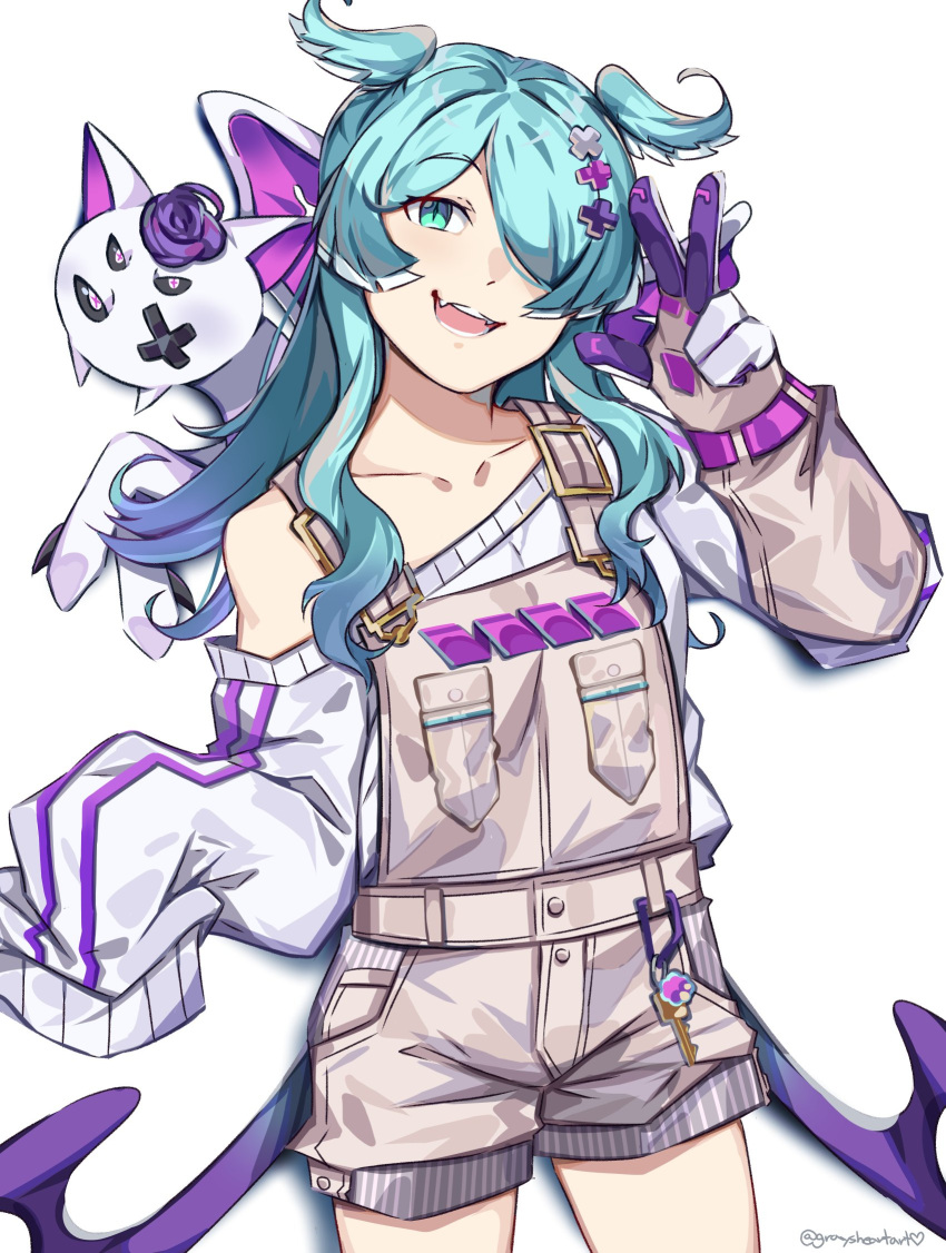 1girl aqua_eyes bangs blue_hair collarbone commentary cowboy_shot cross_hair_ornament dragon elira_pendora gloves graysheartart grey_overalls hair_ornament hair_over_one_eye highres long_hair long_sleeves looking_at_viewer nijisanji nijisanji_en off_shoulder one_eye_covered open_mouth overalls pikl_(elira_pendora) purple_gloves purple_shorts shorts simple_background single_bare_shoulder sleeves_past_fingers sleeves_past_wrists smile solo striped striped_shorts sweater teeth two-tone_gloves virtual_youtuber white_background white_gloves white_shorts white_sweater