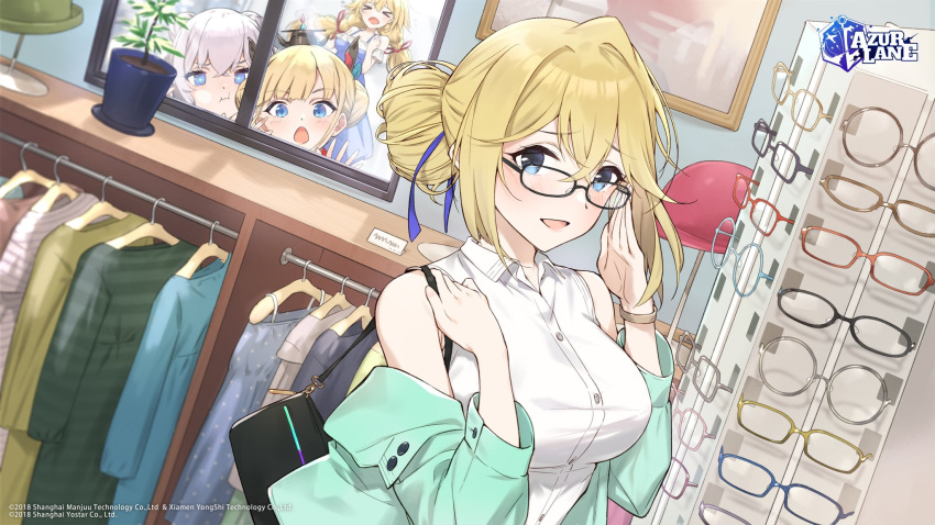 &gt;o&lt; +_+ 4girls :t against_glass alternate_costume aqua_jacket azur_lane bespectacled black-framed_eyewear black_bag blue-framed_eyewear blue_dress blue_eyes blue_ribbon breasts buttons crown double_bun dress dutch_angle from_outside glasses hair_bun hair_ribbon hayashi_kewi highres jacket jeanne_d'arc_(azur_lane) large_breasts le_malin_(azur_lane) le_temeraire_(azur_lane) le_triomphant_(azur_lane) long_hair looking_at_viewer medium_breasts mini_crown multiple_girls off_shoulder plant potted_plant red-framed_eyewear ribbon round_eyewear shirt shopping sleeveless sleeveless_shirt twintails very_long_hair white_hair white_shirt