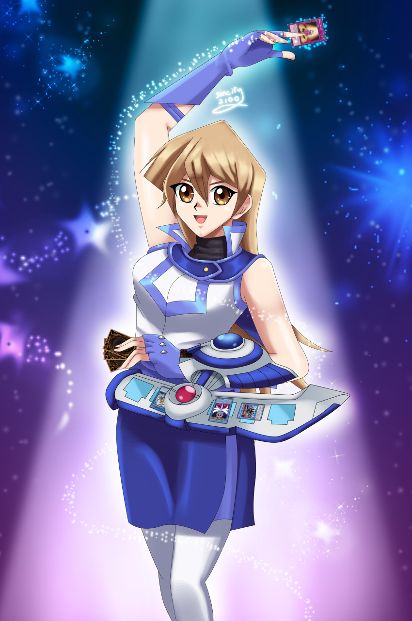 1girl blonde_hair blue_skirt dark_background deviantart_username duel_academy_uniform_(yu-gi-oh!_gx) duel_disk glowing happy holding_card long_hair sailor_collar shining shiny shirt sincity2100 sleeveless sleeveless_shirt spotlight stars tenjouin_asuka white_shirt yellow_eyes yu-gi-oh! yuu-gi-ou yuu-gi-ou_gx