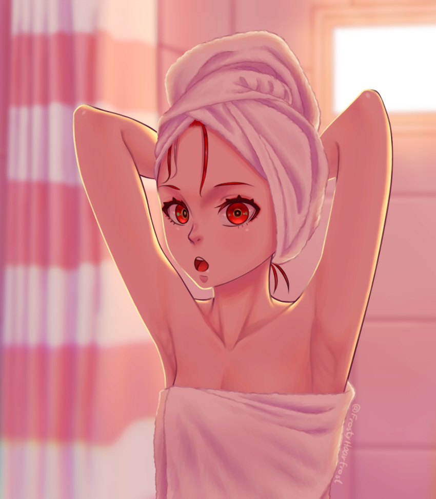 1girl armpits arms_up blurry chromatic_aberration depth_of_field flat_chest frostiii grey_hair highres hololive hololive_indonesia kureiji_ollie multicolored_hair naked_towel olivia_(kureiji_ollie) open_mouth red_eyes redhead shower_curtain solo towel towel_on_head twitter_username upper_body virtual_youtuber window