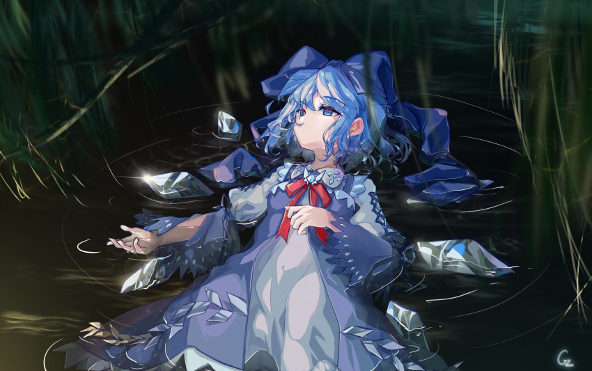 absurdres adapted_costume blue_bow blue_dress blue_eyes blue_hair bow chinese_commentary cirno closed_mouth dress eyebrows_visible_through_hair fine_art_parody gaanzi hair_between_eyes hair_bow highres ice ice_wings long_sleeves lying neck_ribbon on_back ophelia_(painting) parody partially_submerged puffy_long_sleeves puffy_sleeves red_neckwear red_ribbon ribbon short_hair touhou water wet wet_clothes wings
