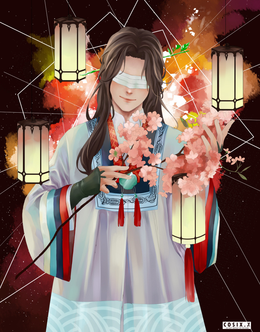 1boy absurdres artist_name blindfold covered_eyes flower highres holding holding_flower kass_10000 lamp light_smile long_hair male_focus mo_dao_zu_shi pearl_(gemstone) solo vietnamese_clothes vietnamese_dress white_blindfold xiao_xingchen