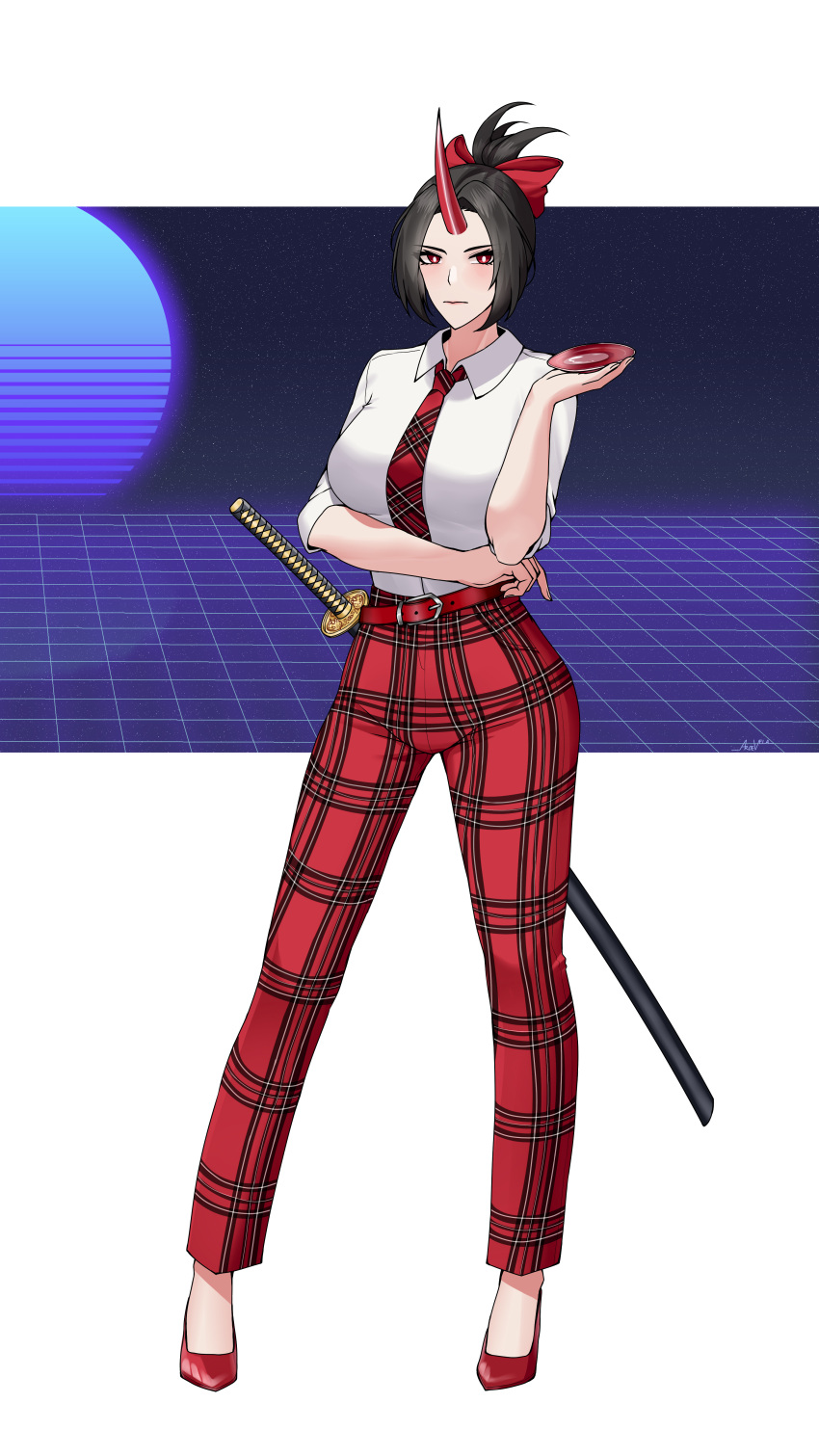 1girl absurdres alcohol arm_under_breasts aroevela black_hair breasts bright_pupils closed_mouth collared_shirt cup expressionless full_body hair_ribbon high_heels highres holding holding_cup horns katana konngara_(touhou) large_breasts long_sleeves looking_at_viewer necktie oni pants plaid plaid_pants plaid_tie red_eyes red_footwear red_horns red_necktie red_pants red_ribbon ribbon sakazuki sake sheath sheathed shirt single_horn sleeves_rolled_up solo standing star_(sky) sukusuku_hakutaku sword touhou touhou_(pc-98) vaporwave weapon white_pupils white_shirt