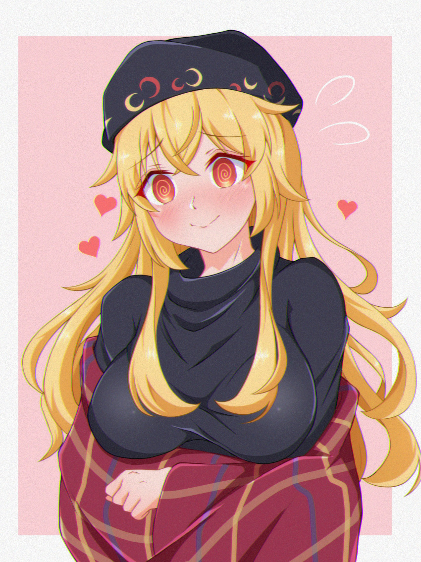 1girl @_@ bangs black_dress black_headwear blonde_hair blush border breasts closed_mouth crescent crossed_arms dress eyebrows_visible_through_hair hair_between_eyes hat heart highres jacket junko_(touhou) large_breasts long_hair looking_to_the_side pink_background red_eyes red_heart red_jacket simple_background smile solo tasuku_(tusktouhou4) touhou white_border