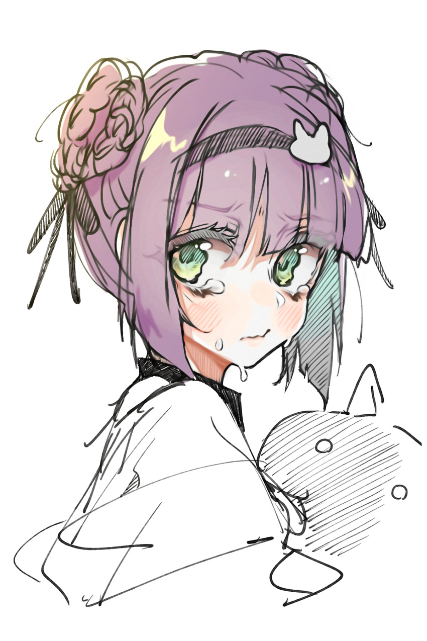 1girl blush carcano_m91/38_(girls_frontline) closed_mouth double_bun e_sky_rugo from_side girls_frontline green_eyes hairband highres looking_at_viewer looking_to_the_side portrait purple_hair smile solo tears white_background
