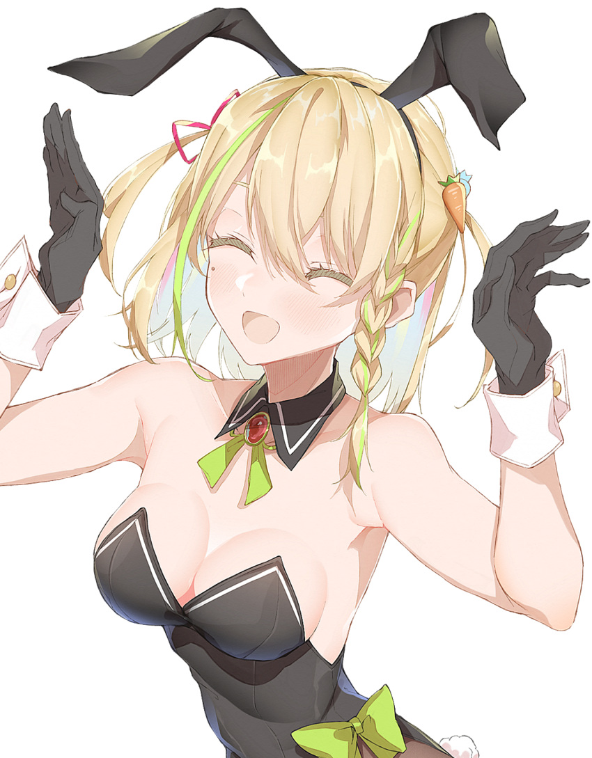 1girl :d animal_ears black_gloves black_hairband black_leotard blonde_hair bow braid breasts brooch bunny_pose closed_eyes commission e_sky_rugo fake_animal_ears fuzuki_miki gloves green_bow hair_ribbon hairband hands_up highres indie_virtual_youtuber jewelry leotard looking_at_viewer medium_breasts medium_hair mole mole_under_eye multicolored_hair open_mouth rabbit_ears red_ribbon ribbon simple_background skeb_commission smile solo streaked_hair upper_body white_background wrist_cuffs