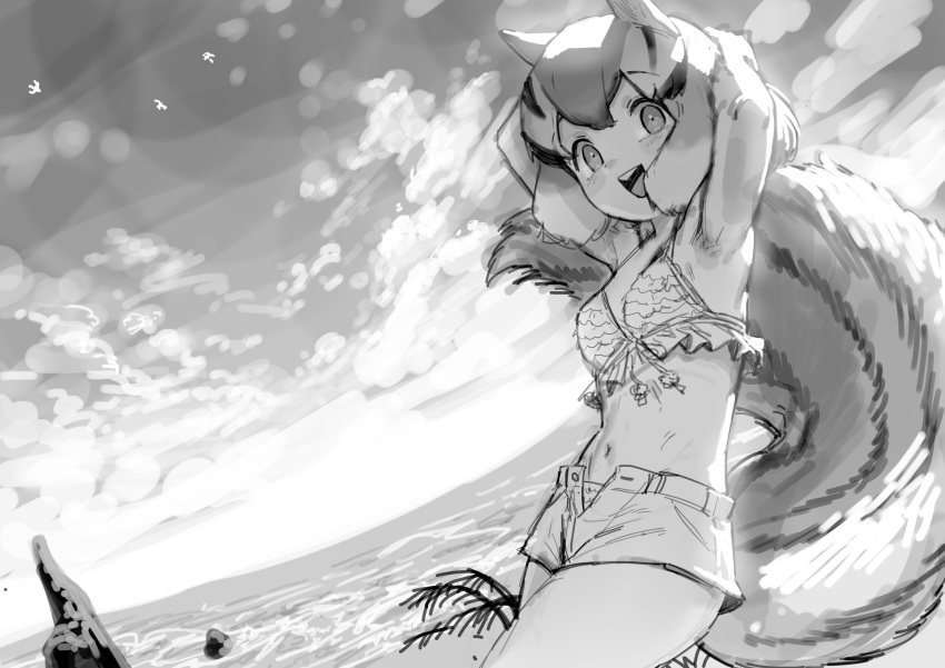 1girl absurdres animal_ears armpits arms_behind_head arms_up backlighting bikini bikini_under_clothes buttons chipmunk_(kemono_friends) chipmunk_ears chipmunk_girl chipmunk_tail eyebrows_visible_through_hair fisheye greyscale highres horizon kamidana_(carpe_diem) kemono_friends krita_(medium) looking_at_viewer medium_hair monochrome multicolored_hair navel ocean open_clothes open_fly open_mouth open_shorts scenery short_shorts shorts sky smile solo stomach swimsuit tail unbuttoned water