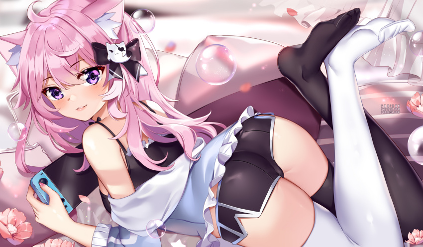 1girl ahoge animal_ear_fluff animal_ears ass asymmetrical_legwear bare_shoulders black_legwear black_shirt black_shorts bow breasts camisole cat_ears crop_top dolphin_shorts grey_jacket hair_bow highres holding jacket legs_up long_hair long_sleeves looking_at_viewer looking_back lying micro_shorts midriff midriff_peek mismatched_legwear nintendo_switch no_shoes nyatasha_nyanners off_shoulder on_stomach open_clothes open_jacket pink_hair shirt shorts sleeveless sleeveless_shirt small_breasts solo spaghetti_strap squchan the_pose thigh-highs violet_eyes virtual_youtuber vshojo white_legwear