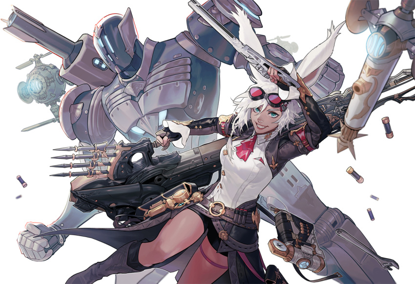 1girl animal_ears aqua_eyes automaton_queen belt breasts byuub dark-skinned_female dark_skin fictional_persona final_fantasy final_fantasy_xiv goggles goggles_on_head gun hair_between_eyes holding holding_gun holding_weapon looking_at_viewer machinist_(final_fantasy) mecha medium_breasts medium_hair rabbit_ears shell_casing shorts smile solo viera weapon white_background white_hair