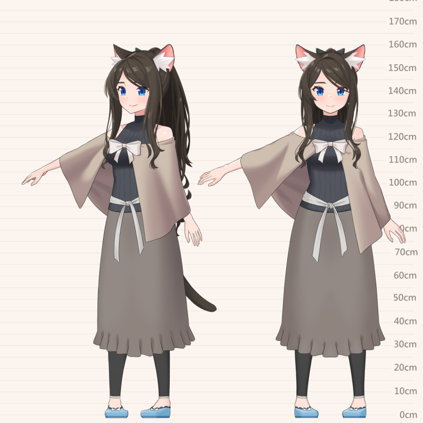 1girl aina_(mao_lian) animal_ear_fluff animal_ears black_sweater blue_eyes blue_footwear brown_hair capelet cat_ears cat_tail closed_mouth grey_capelet grey_skirt height_chart highres long_hair long_skirt looking_at_viewer mao_lian_(nekokao) multiple_views navel original pigeon-toed ribbed_sweater shoes skirt sleeveless sleeveless_sweater smile standing sweater tail