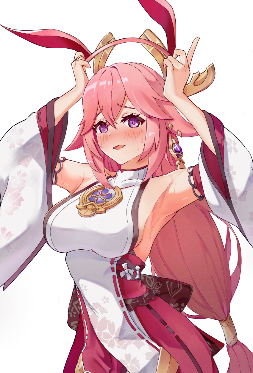 1girl :d absurdres animal_ears armpits arms_up band_(skymole01) bangs blush commentary_request detached_sleeves earrings eyebrows_visible_through_hair fake_animal_ears fox_ears genshin_impact hair_between_eyes hairband highres holding huge_filesize jewelry long_hair looking_at_viewer open_mouth pink_hair rabbit_ears ribbon-trimmed_sleeves ribbon_trim sidelocks simple_background smile solo sweat violet_eyes vision_(genshin_impact) white_background wide_sleeves yae_(genshin_impact)