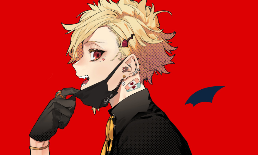 1girl :d absurdres black_gloves black_shirt blonde_hair cheek_piercing drawn_wings ear_piercing earrings fangs from_side gloves hair_ornament hairclip halftone heart_facial_mark highres jewelry leo_(reiga) looking_at_viewer looking_to_the_side mask mouth_mask open_mouth original piercing red_background red_eyes reiga_(act000) ribbon ring shirt simple_background smile solo tomboy yellow_ribbon