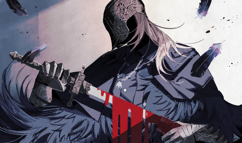 1boy bell blood blood_on_weapon bloodborne bloody_crow_of_cainhurst cape coat commentary_request english_commentary feather_coat feathers food gauntlets helmet highres holding holding_food jewelry katana mixed-language_commentary necklace solo sword weapon yashiki_(gh0st_5010)