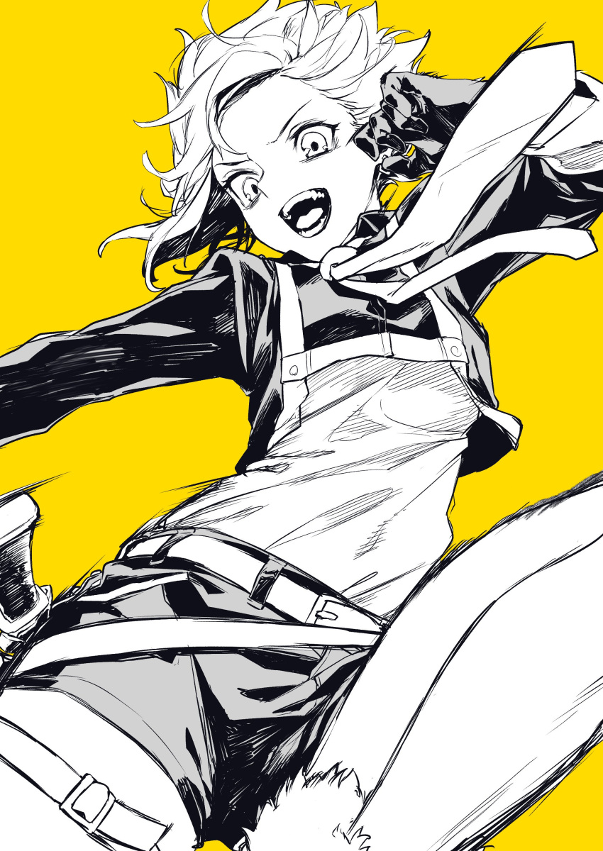 1girl :d absurdres belt highres jacket leo_(reiga) long_sleeves looking_at_viewer open_mouth original reiga_(act000) shirt shorts simple_background smile solo thigh_strap yellow_background