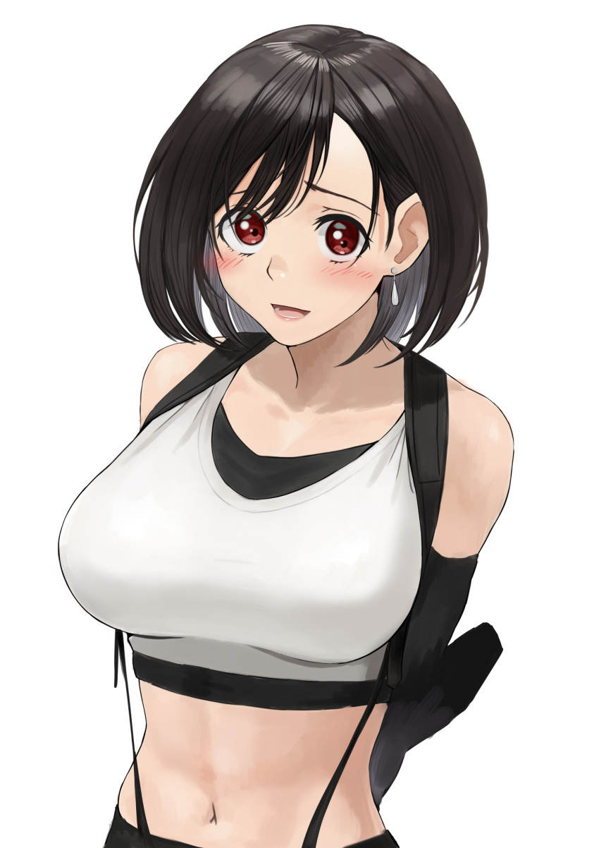 1girl arms_behind_back bangs bare_shoulders black_hair blush breasts commentary_request crop_top detached_sleeves earrings final_fantasy final_fantasy_vii highres izawa_koushi jewelry large_breasts looking_at_viewer medium_hair midriff navel open_mouth red_eyes simple_background solo stomach suspenders tifa_lockhart upper_body white_background