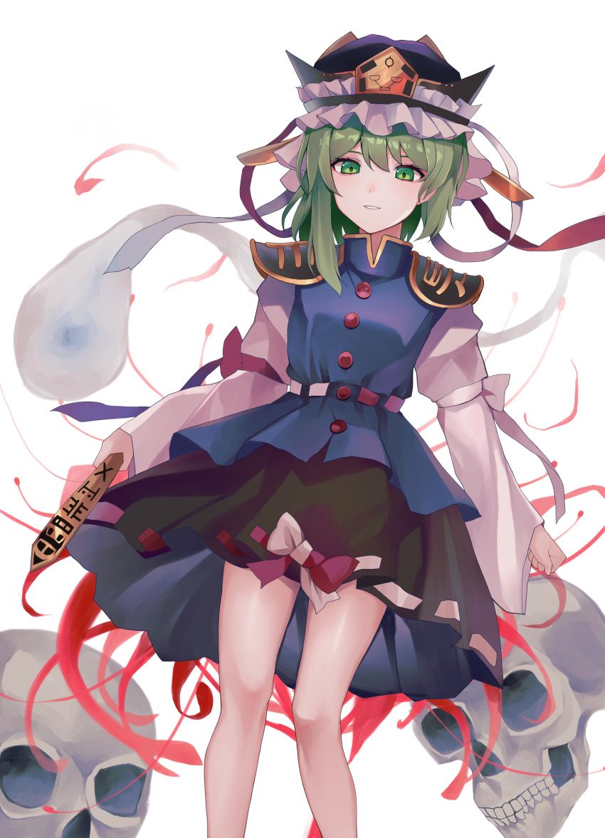 1girl absurdres bangs black_skirt blue_headwear blue_vest bow breasts buttons closed_mouth eyebrows_visible_through_hair ghost green_hair hat highres koizumo long_sleeves medium_breasts red_bow shiki_eiki shirt short_hair simple_background skirt skull smile solo standing teeth touhou vest white_background white_bow white_shirt white_sleeves