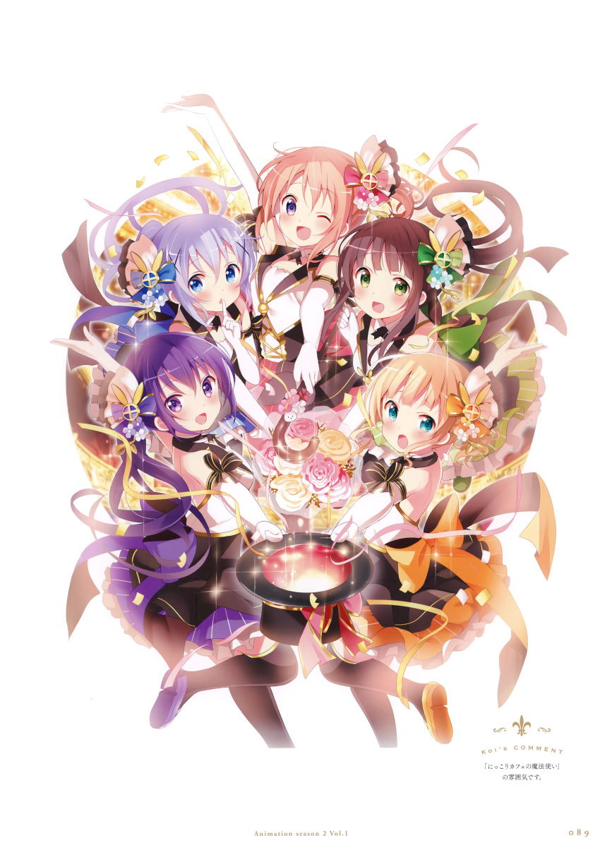 5girls :d ;d absurdres artist_name black_legwear black_ribbon blonde_hair blue_bow blue_eyes blue_skirt blush bow brown_hair detached_collar elbow_gloves finger_to_mouth floating_hair flower gloves gochuumon_wa_usagi_desu_ka? green_bow green_eyes green_skirt hair_between_eyes hair_bow highres hoto_cocoa kafuu_chino kirima_sharo koi_(koisan) layered_skirt light_brown_hair long_hair looking_at_viewer miniskirt multiple_girls neck_ribbon official_art one_eye_closed open_mouth orange_bow orange_footwear orange_skirt page_number pink_bow pink_flower pink_rose purple_bow purple_footwear purple_hair purple_skirt red_skirt ribbon rose shiny shiny_hair short_hair shushing silver_hair skirt smile striped tedeza_rize thigh-highs tippy_(gochiusa) triangle_mouth ujimatsu_chiya vertical-striped_skirt vertical_stripes very_long_hair violet_eyes white_gloves yellow_flower yellow_rose zettai_ryouiki