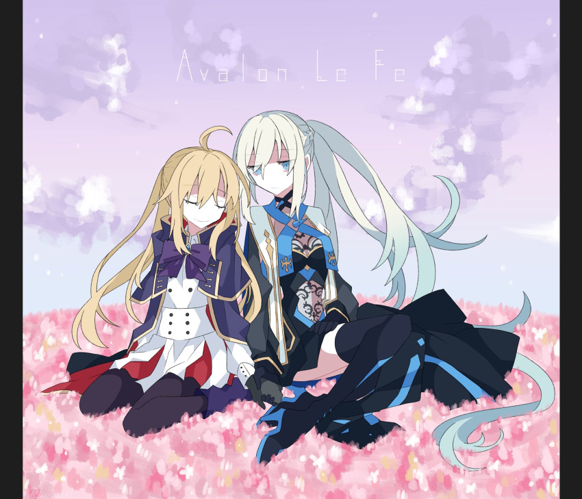 2girls ahoge artoria_pendragon_(caster)_(fate) artoria_pendragon_(fate) black_dress blonde_hair blue_eyes bow braid cloak closed_eyes dress english_text eyebrows_visible_through_hair fate/grand_order fate_(series) field flower flower_field gloves high_heels highres holding_hands kneeling kujiramaru long_hair looking_at_another morgan_le_fay_(fate) multiple_girls on_ground pantyhose ponytail siblings silver_hair sisters sitting smile thigh-highs very_long_hair white_dress