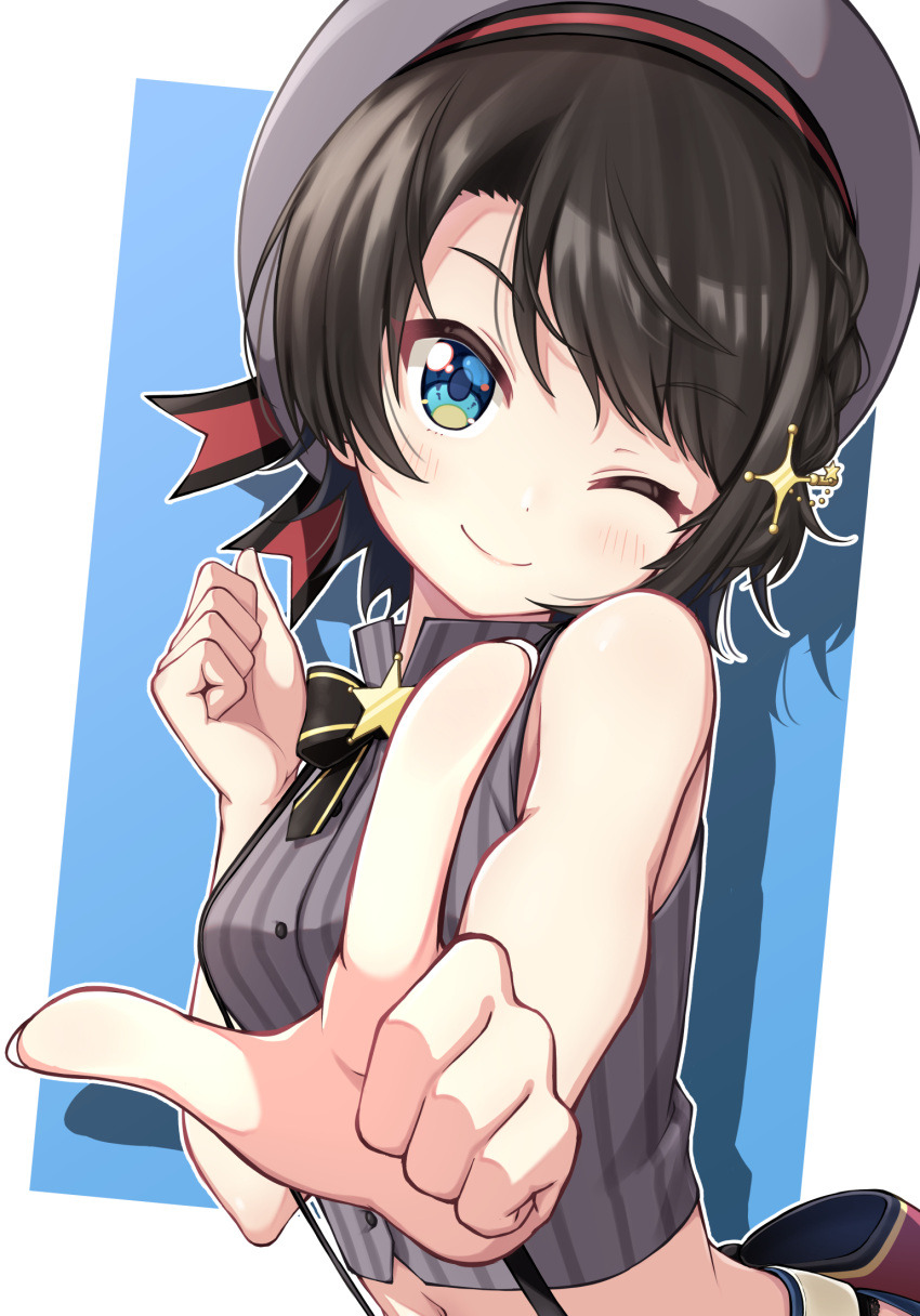 1girl ;) bangs bare_arms bare_shoulders beret black_bow black_hair black_neckwear blue_background blue_eyes blush border bow bowtie breasts clenched_hand closed_mouth commentary_request eyebrows_visible_through_hair grey_headwear grey_shirt hair_ornament hairclip hand_up happy hat highres hololive index_finger_raised looking_at_viewer midriff navel one_eye_closed oozora_subaru outline outside_border pontasu shadow shirt short_hair sleeveless sleeveless_shirt smile solo star_(symbol) striped striped_bow striped_neckwear striped_shirt suspenders upper_body vertical-striped_shirt vertical_stripes virtual_youtuber white_border white_outline