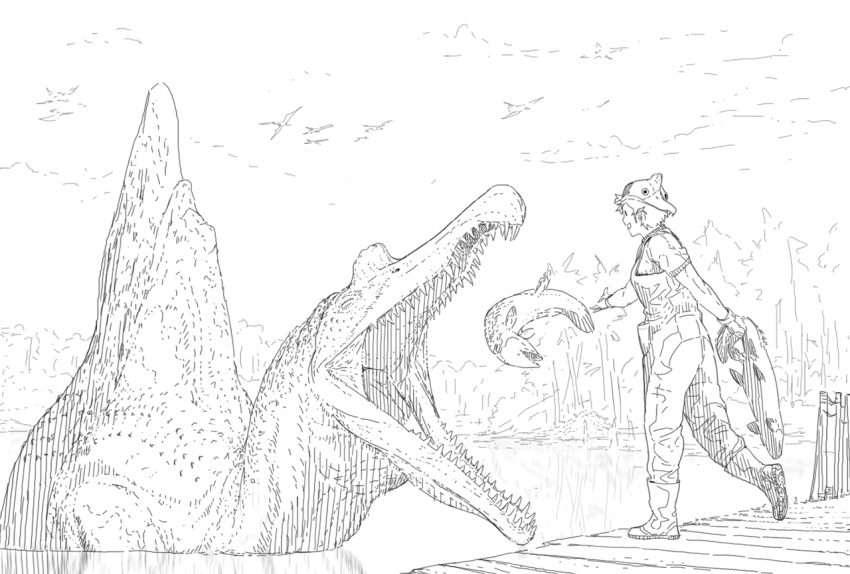 1girl animal boots commentary dinosaur english_commentary feeding fish greyscale holding holding_animal holding_fish jumpsuit monochrome open_mouth original pier smile spinosaurus standing y_naf