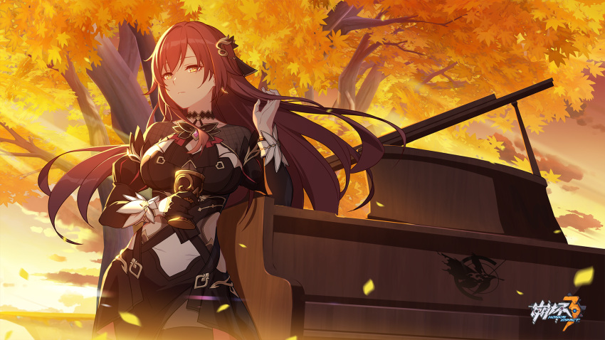 1girl autumn_leaves bangs black_gloves character_request closed_mouth clouds cloudy_sky eden_(honkai_impact) gloves hair_between_eyes hair_ornament highres honkai_(series) honkai_impact_3rd instrument leaf long_hair long_sleeves looking_at_viewer outdoors piano redhead single_glove sky slimetan solo sunrise tree yellow_eyes