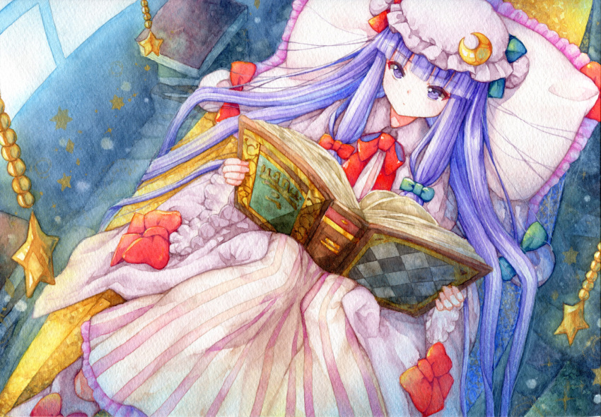 1girl argyle bangs blunt_bangs book boots commentary_request crescent crescent_hat_ornament eyebrows_visible_through_hair feet_out_of_frame hat hat_ornament holding holding_book indoors knees_together_feet_apart long_hair mob_cap naru_din on_bed open_book painting_(medium) patchouli_knowledge pillow pink_headwear purple_hair reading solo star_(symbol) striped touhou traditional_media vertical_stripes very_long_hair violet_eyes watercolor_(medium) window