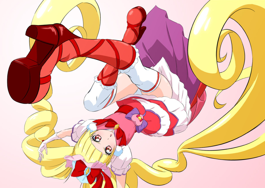 1girl absurdly_long_hair arms_up bangs blonde_hair blunt_bangs boots bow cure_macherie eyelashes floating_hair frilled_boots frills fuchi_(nightmare) gloves gradient gradient_background hair_bow high_heel_boots high_heels hugtto!_precure knee_boots layered_skirt long_hair looking_at_viewer miniskirt open_mouth pink_background precure red_bow red_eyes red_footwear short_sleeves skirt solo thigh-highs very_long_hair white_background white_gloves white_legwear white_sleeves zettai_ryouiki
