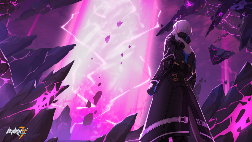 1boy artist_request back black_coat black_gloves clenched_hand coat electricity energy floating floating_object from_below gloves glowing highres honkai_(series) honkai_impact_3rd kevin_kaslana long_sleeves looking_ahead rock short_hair source_request third-party_source white_hair