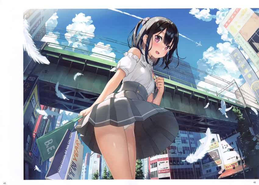 1girl absurdres aircraft airplane bag bare_shoulders black_hair blue_sky breasts cityscape clothes_lift condensation_trail day feathers fisheye from_below hair_ornament hair_scrunchie high-waist_skirt highres kantoku looking_at_viewer non-web_source one_side_up original panties pantyshot pleated_skirt scan scrunchie shizuku_(kantoku) shoulder_bag sidelocks skirt skirt_lift sky small_breasts smile solo standing underwear violet_eyes white_panties wind wind_lift