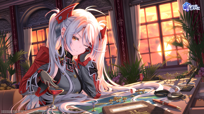 1girl ahoge alcohol azur_lane bangs book breasts buttons closed_mouth compass copyright copyright_request cup curtains desk double-breasted drinking_glass elbow_rest english_commentary gloves grey_gloves hair_ornament head_rest highres indoors iron_blood_(emblem) long_hair looking_at_viewer map military military_jacket military_uniform mole mole_on_breast official_art one_eye_closed orange_eyes pen pinakes plant prinz_eugen_(azur_lane) silver_hair smile solo sunset twintails uniform window wine wine_glass