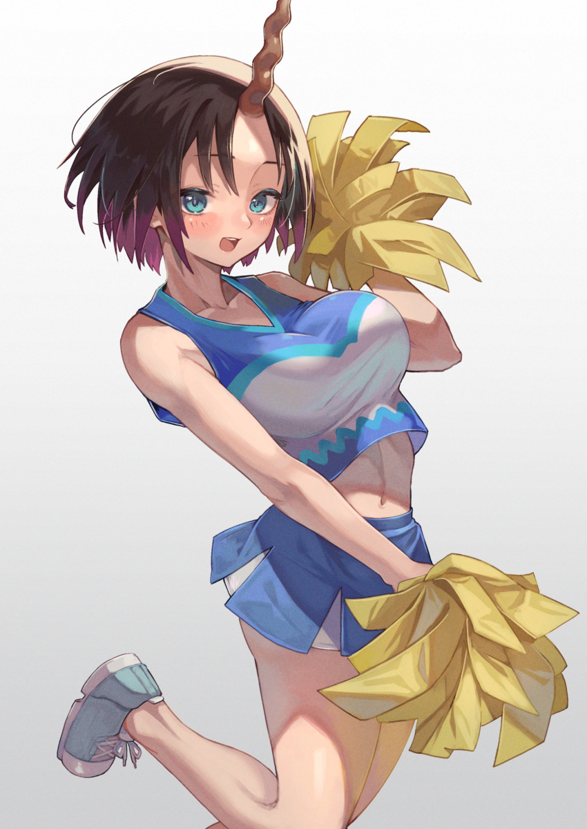 1girl absurdres alternate_costume arm_up cheerleader crop_top crop_top_overhang dragon_girl dragon_horns dragon_tail elma_(maidragon) gradient_hair highres holding holding_pom_poms horns kobayashi-san_chi_no_maidragon looking_at_viewer midriff multicolored_hair navel open_mouth pleated_skirt pom_pom_(cheerleading) shoes single_horn skirt sneakers solo sooon tail