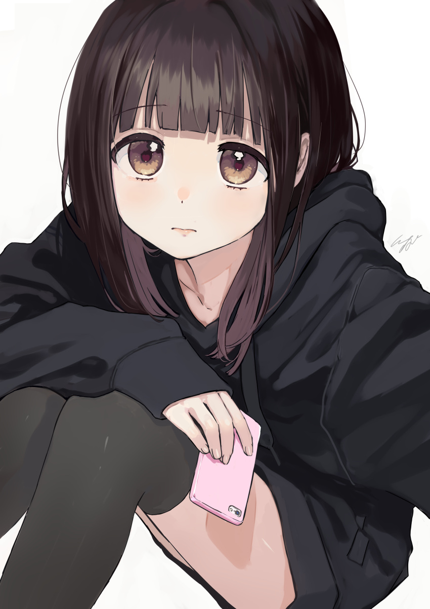 1girl absurdres bangs black_hoodie black_legwear blush brown_eyes brown_hair cellphone closed_mouth collarbone commentary_request drawstring eyebrows_visible_through_hair feet_out_of_frame highres holding holding_phone hood hood_down hoodie knees_up long_sleeves nanase_kurumi_(menhera-chan) original phone pomu signature simple_background sitting sleeves_past_wrists solo thigh-highs white_background
