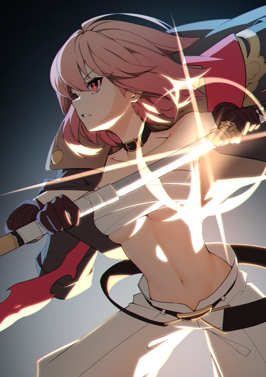 1girl absurdres ahoge alchemy_stars armpit_crease bangs belt black_belt black_coat black_collar breasts clenched_teeth coat coat_on_shoulders collar collarbone commentary cowboy_shot drawing_sword ett eyebrows_visible_through_hair gloves glowing glowing_sword glowing_weapon groin hair_between_eyes highres hiiro_(alchemy_stars) holding holding_sheath holding_sword holding_weapon medium_breasts navel ootachi pants pink_eyes pink_hair profile sarashi sheath short_hair sidelocks simple_background single_bare_shoulder solo standing stomach sword teeth under_boob unsheathing weapon white_pants