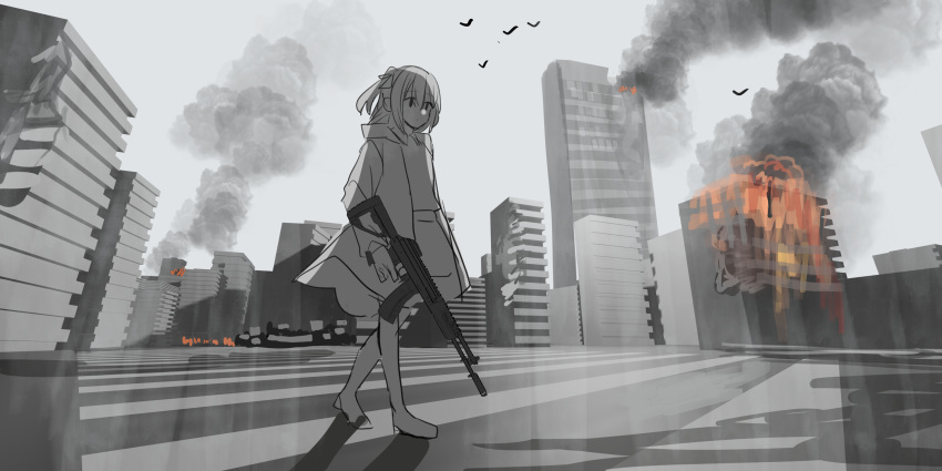 1girl absurdres animal bangs bird building burning character_request chihuri closed_mouth collared_shirt crosswalk eyebrows_visible_through_hair fire gun hair_between_eyes high_heels highres holding holding_gun holding_weapon jacket long_sleeves looking_away one_side_up open_clothes open_jacket outdoors shirt shoes sketch skirt skyscraper smoke solo vocaloid weapon weapon_request