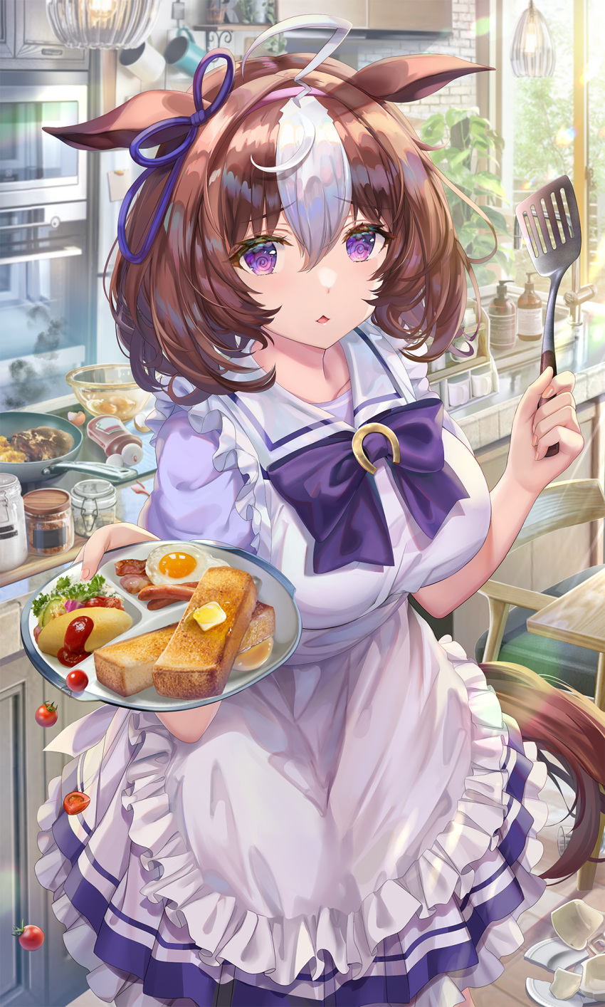 1girl @_@ animal_ears apron bangs bottle bow bowtie breasts brown_hair commentary_request cowboy_shot eyebrows_visible_through_hair food fried_egg frilled_apron frills frying_pan hair_between_eyes hands_up hanging_light highres holding holding_plate holding_spatula horse_ears horse_girl horse_tail horseshoe_ornament indoors jar ketchup kitchen large_breasts looking_at_viewer medium_hair meisho_doto_(umamusume) multicolored_hair omurice parted_lips plant plate potted_plant purple_bow purple_neckwear purple_shirt sausage school_uniform shirt short_sleeves skirt solo spatula standing streaked_hair tail torino_akua tracen_school_uniform umamusume violet_eyes white_apron white_hair white_skirt