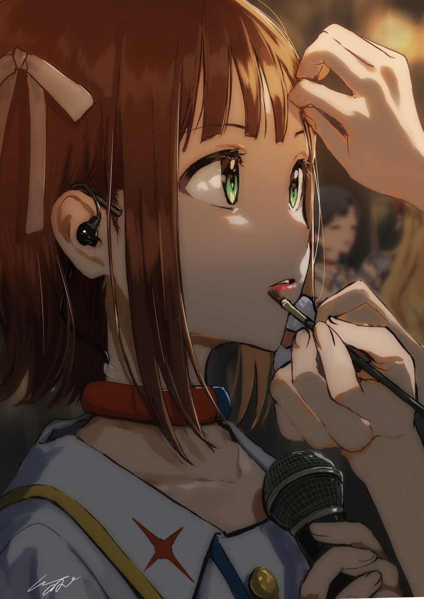 3girls absurdres amami_haruka applying_makeup backstage bangs blurry blurry_background bow brown_hair choker collarbone commentary_request depth_of_field earpiece eyebrows_visible_through_hair green_eyes hair_bow hair_ribbon highres holding holding_microphone hoshii_miki idolmaster idolmaster_(classic) indoors kisaragi_chihaya lipstick looking_away makeup microphone multiple_girls out_of_frame pomu red_lips ribbon shirt solo_focus upper_body white_bow white_shirt