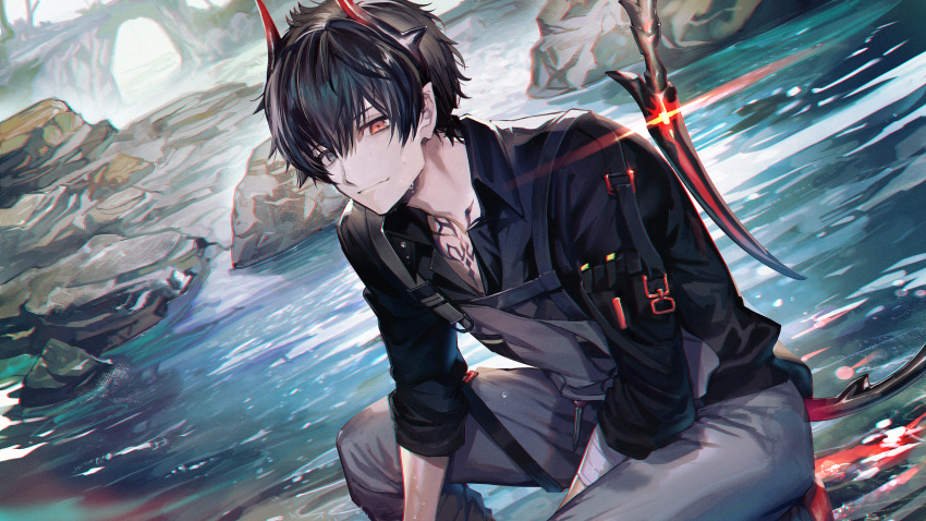 1boy alchemy_stars aoki_(fumomo) bandaged_arm bandages bangs black_hair black_shirt blue_eyes closed_mouth collarbone collared_shirt commentary_request fleur_(alchemy_stars) heterochromia highres horns looking_at_viewer male_focus overalls red_eyes rock shirt short_hair sitting sitting_on_rock sleeves_rolled_up smile solo tail tattoo water wet
