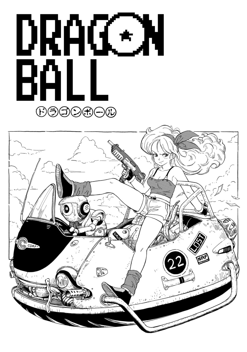 1girl bow bow_hairband closed_mouth commentary copyright_name dragon_ball dragon_ball_(classic) english_commentary floating_hair flying_car greyscale gun hair_bow hairband highres holding holding_gun holding_weapon long_hair looking_at_viewer lunch_(dragon_ball) monochrome robot shoes short_shorts shorts smile socks solo_focus submachine_gun tank_top weapon y_naf