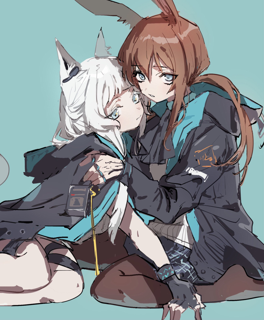 2girls animal_ears arknights bangs blue_eyes brown_hair cat_ears cat_girl commentary fingerless_gloves gloves green_eyes hands_on_another's_shoulders highres hood hood_down hooded_jacket infection_monitor_(arknights) jacket jewelry long_hair low_ponytail multiple_girls na_tarapisu153 ponytail rabbit_ears rabbit_girl ring silver_hair thigh_strap
