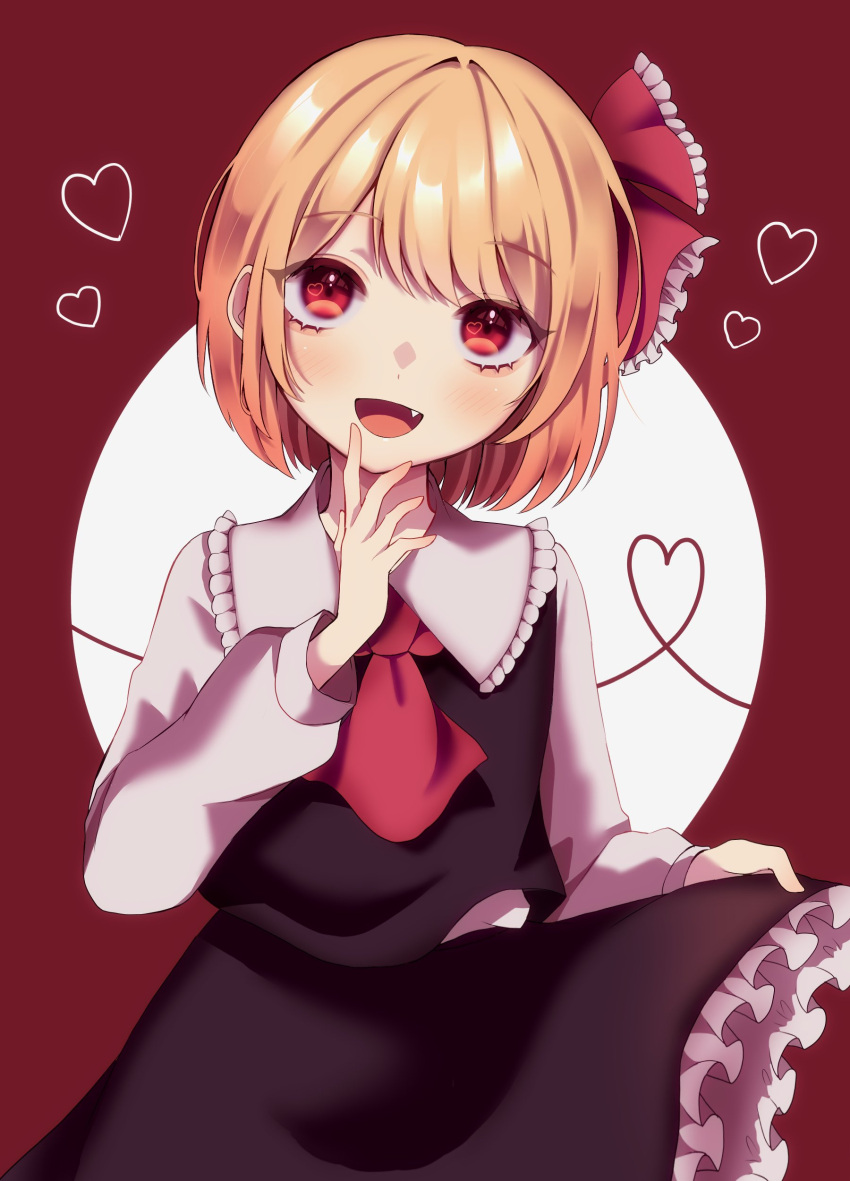 1girl :d absurdres arm_up ascot bangs black_skirt black_vest blonde_hair blush bow commentary_request eyebrows_visible_through_hair eyelashes fang fingers frilled_bow frilled_shirt_collar frilled_skirt frills hair_bow head_tilt heart highres lifted_by_self long_sleeves niningani_ww open_mouth red_ascot red_background red_neckwear red_ribbon ribbon rumia shiny shiny_hair shirt short_hair simple_background skirt smile solo standing string string_of_fate tongue touhou upper_body vest white_shirt