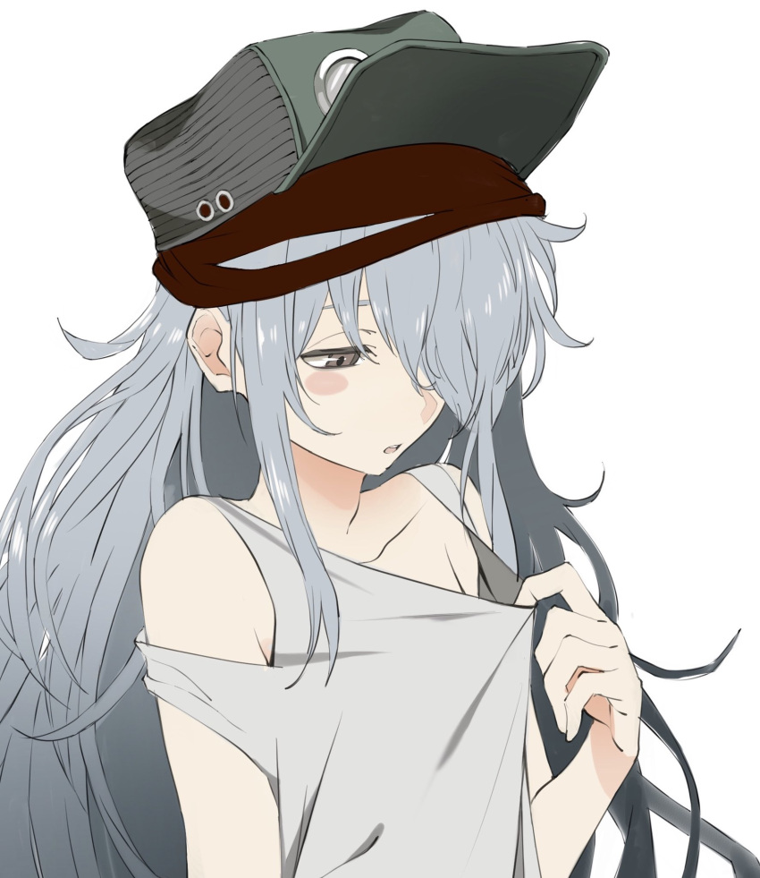 1girl blush_stickers brown_eyes clothes_pull collarbone commentary_request flat_chest g11_(girls_frontline) girls_frontline grey_hair hair_over_one_eye hat highres long_hair looking_down open_mouth ripod shirt_pull shirt_tug solo tank_top upper_body very_long_hair white_background
