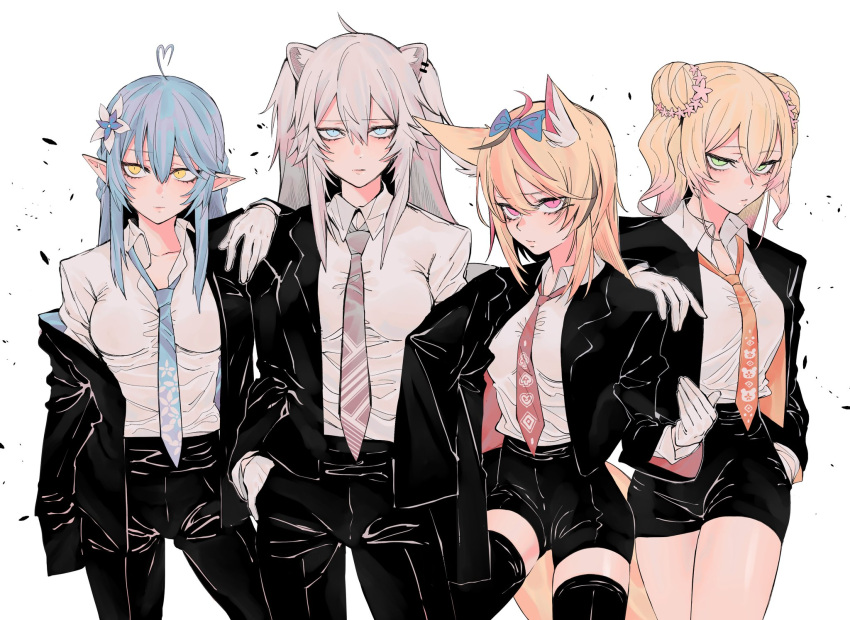 4girls ahoge animal_ears arm_on_shoulder black_hair black_jacket black_legwear black_pants black_shorts black_suit blonde_hair blue_bow blue_eyes blue_neckwear bow breasts closed_mouth collared_shirt commentary cowboy_shot double_bun dress_shirt expressionless eyebrows_visible_through_hair flower formal fox_ears gloves green_eyes hair_between_eyes hair_bow hair_flower hair_ornament hand_in_pocket heart_ahoge highres hololive jacket jitome kakult2017 light_blue_hair lion_ears long_hair looking_at_viewer medium_breasts momosuzu_nene multicolored_hair multiple_girls necktie nepolabo off_shoulder omaru_polka open_clothes open_jacket orange_neckwear pant_suit pants partially_unbuttoned pink_eyes pink_hair pointy_ears purple_neckwear red_neckwear shirt shirt_tucked_in shishiro_botan short_shorts shorts side-by-side silver_hair simple_background streaked_hair suit thigh-highs two_side_up virtual_youtuber white_background white_gloves white_shirt wing_collar yellow_eyes yukihana_lamy zettai_ryouiki