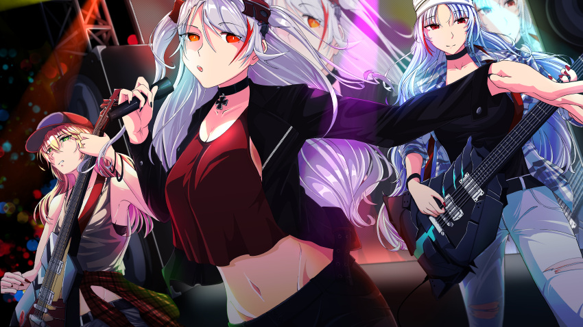 3girls absurdres admiral_hipper_(azur_lane) alternate_costume azur_lane belt black_belt black_choker black_jacket black_shirt black_skirt blonde_hair bra bra_peek breasts choker clothes_around_waist crop_top crop_top_overhang denim electric_guitar eyebrows_visible_through_hair guitar hat highres holding holding_instrument holding_microphone huge_filesize instrument iron_cross jacket jeans large_breasts long_hair looking_at_viewer microphone midriff mole mole_under_eye multicolored_hair multiple_girls nail_polish notsushi orange_eyes pants peaked_cap prinz_eugen_(azur_lane) red_nails red_shirt redhead shirt silver_hair skirt sleeveless sleeveless_shirt stage stage_lights streaked_hair tallinn_(azur_lane) torn_clothes torn_jeans torn_pants two-tone_hair underwear