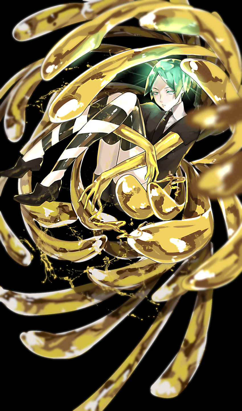1other a-ginntama-t-0810 androgynous bangs black_background colored_eyelashes commentary_request crystal_hair gem_uniform_(houseki_no_kuni) golden_arms green_eyes green_hair highres houseki_no_kuni looking_at_viewer molten_metal necktie phosphophyllite short_hair short_sleeves shorts solo white_eyes