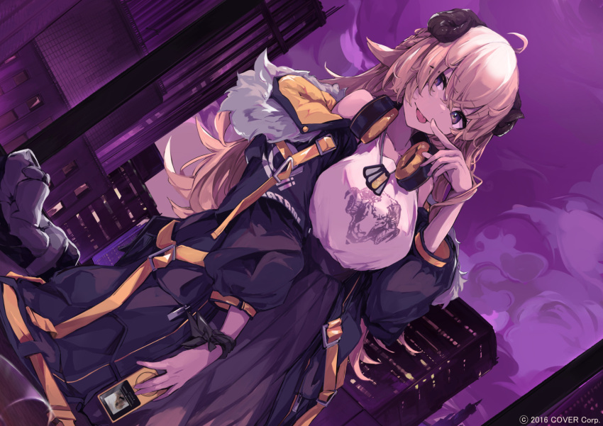 1girl ahoge animal_ears bare_shoulders blonde_hair breasts coat digital_media_player dog_tags dutch_angle finger_to_mouth fur_trim headphones highres hololive horns long_hair looking_at_viewer open_mouth overcoat sheep_ears sheep_girl skyline smile solo tongue tongue_out torn_clothes tsumeki tsunomaki_watame violet_eyes virtual_youtuber