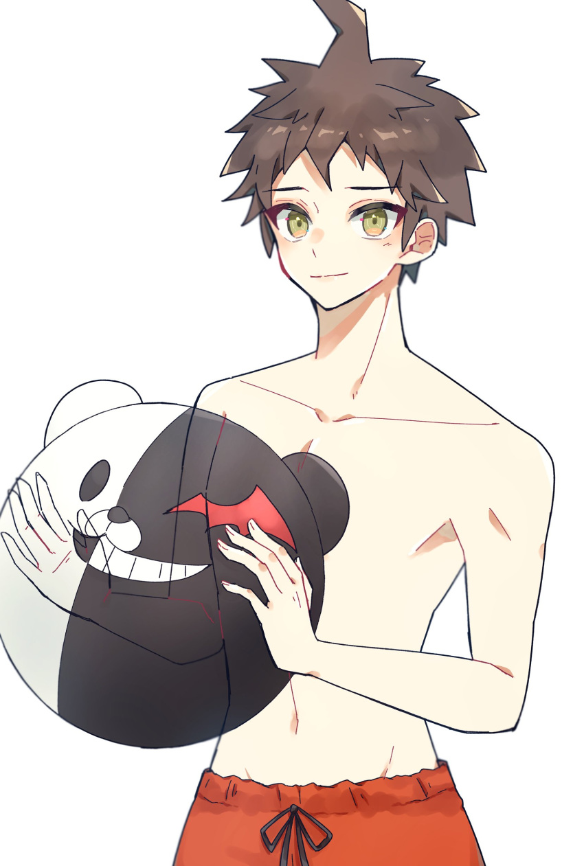 absurdres ahoge ball bangs brown_eyes brown_hair collarbone commentary_request cowboy_shot dangan_ronpa_(series) dangan_ronpa_2:_goodbye_despair dangan_ronpa_s:_ultimate_summer_camp highres hinata_hajime holding holding_ball looking_at_viewer lun_(dbvajzr) male_focus male_swimwear monokuma navel objectification official_alternate_costume shirtless short_hair simple_background smile solo spiky_hair white_background